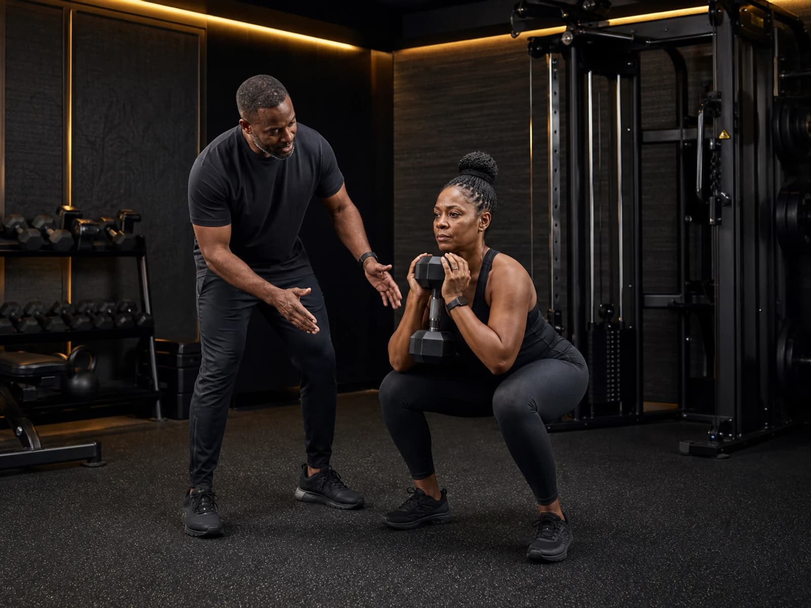 A personal trainer coaches a client through a controlled goblet squat