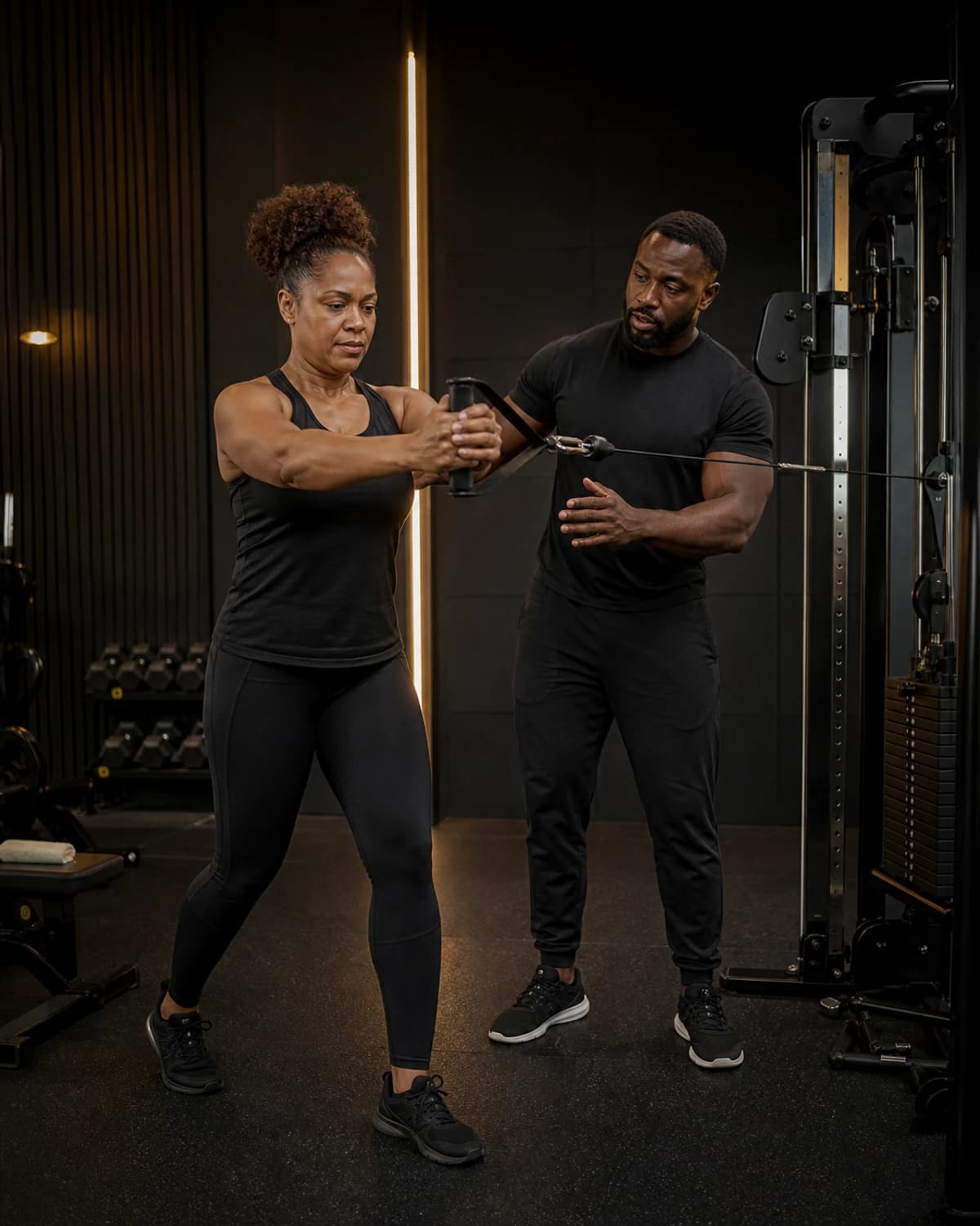 A personal trainer coaches a client through a controlled cable strength exercise